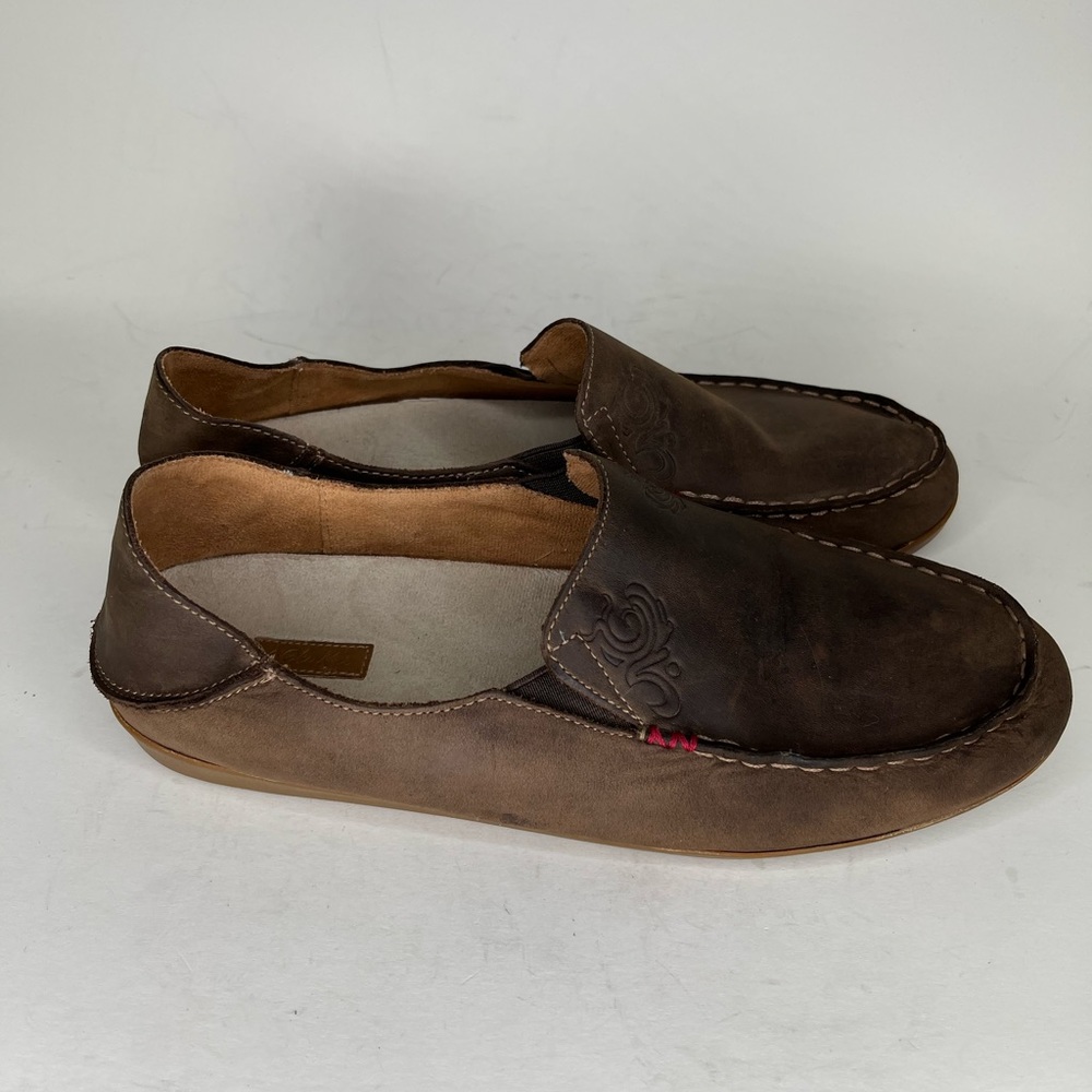 olukai shoes loafers slip ons flats women size 9.5 brown leather upper Beautiful
